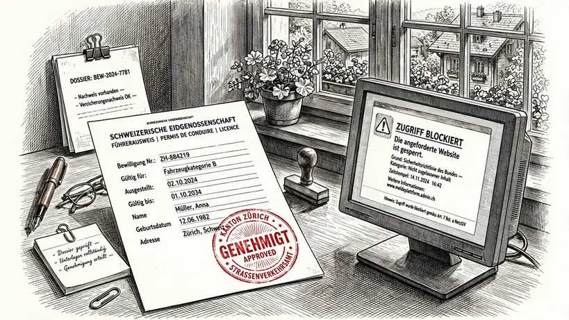 Schweizer Amtstisch mit Lizenzdokument und Sperrhinweis auf dem Bildschirm